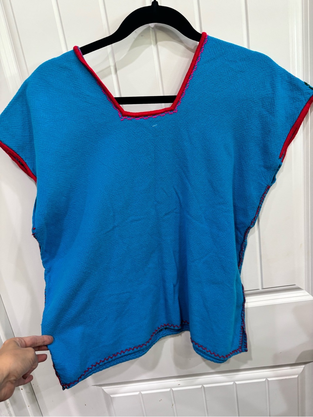 Hand-Embroidered Blue Mexican Blouse with Red Floral Trim - Picture 3 of 3